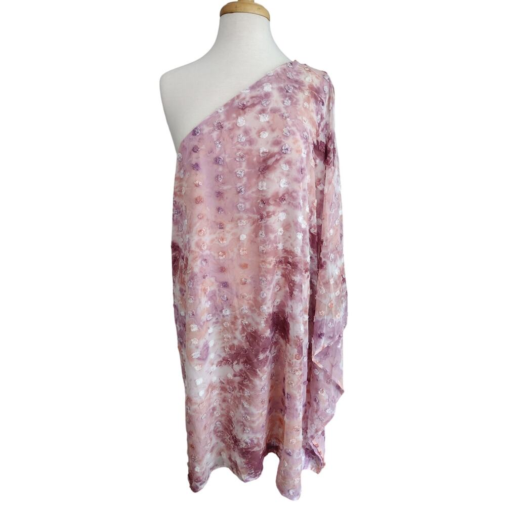 Oddi NEW Pink Multi Watercolor Tie-Dye Swiss Dot Chiffon One-Shoulder Dress 3X